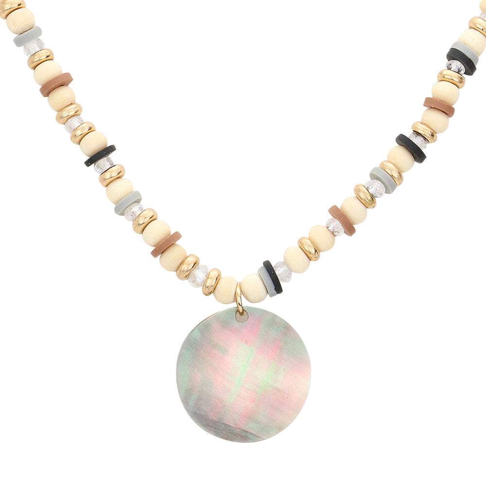Wood Heishi Beaded Abalone Pendant Necklace - Madeline Love - Flyclothing LLC