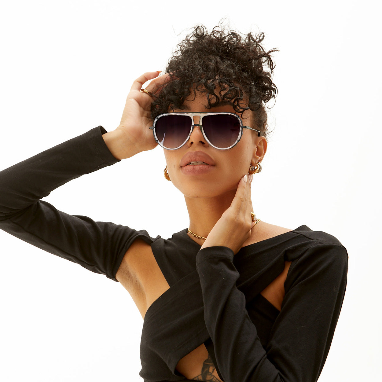 Ivy Luxe - Clear Black Tangle-Free Round Aviator Sunglasses - TopFoxx - Flyclothing LLC