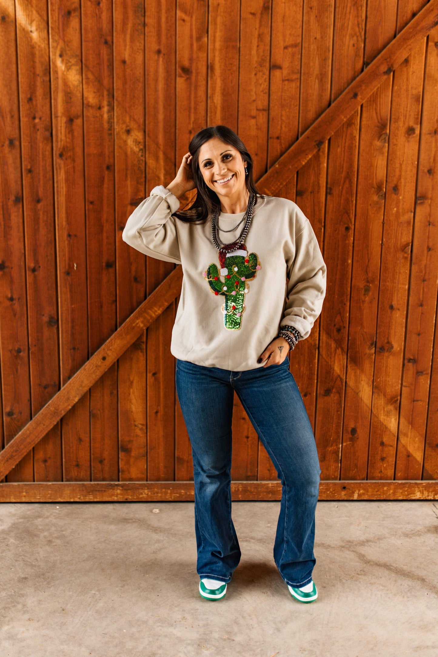 Christmas Cactus Sequins Patch Sweatshirt - Wild Junkie - Flyclothing LLC
