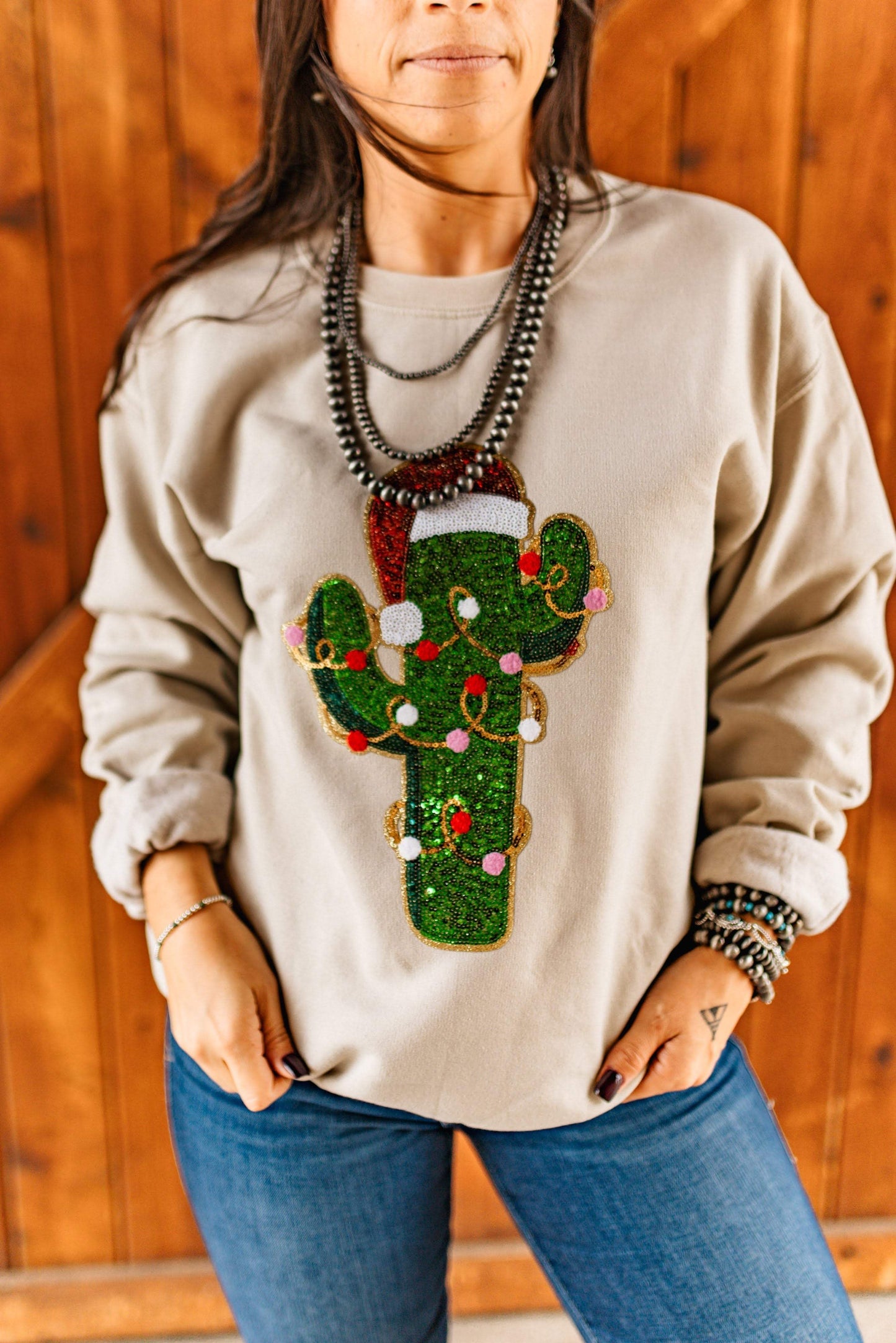 Christmas Cactus Sequins Patch Sweatshirt - Wild Junkie - Flyclothing LLC