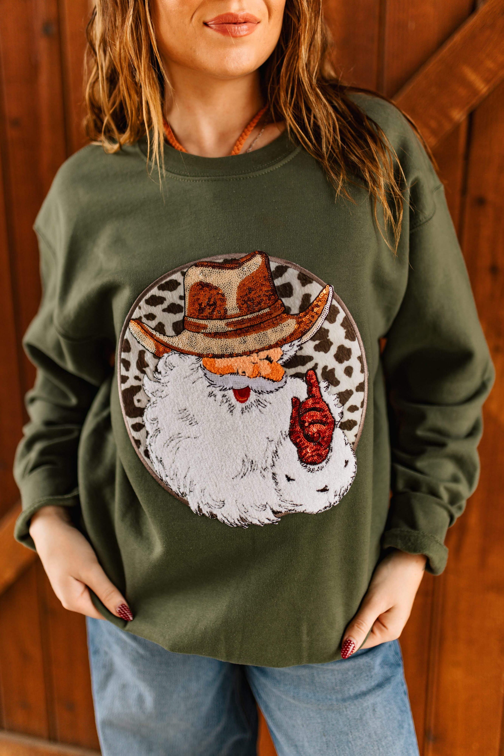 Western Santa Sequin Patch Sweatshirt - Wild Junkie - Flyclothing LLC