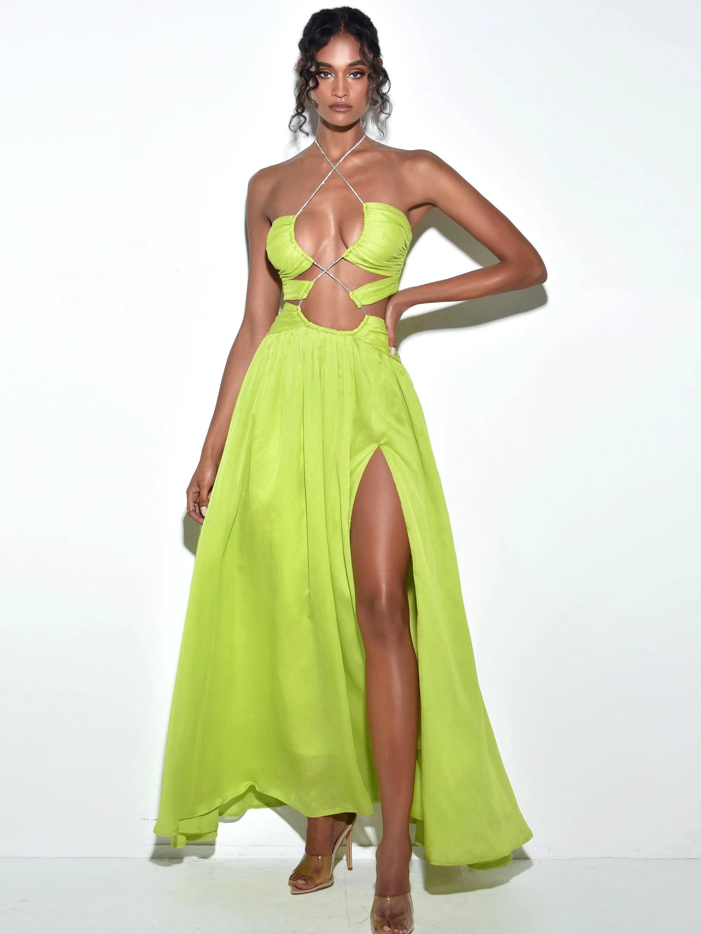 Quinby Lemon Chiffon Pleated Lace Up Maxi Dress - Miss Circle - Flyclothing LLC