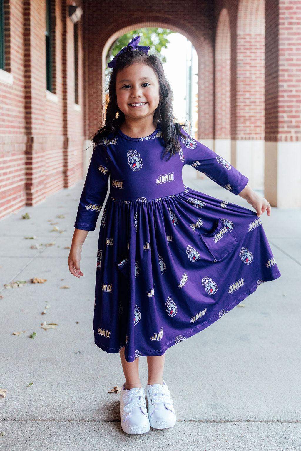JMU Purple Duke Dog 3/4 Sleeve Pocket Twirl Dress - Mila & Rose ® - Flyclothing LLC