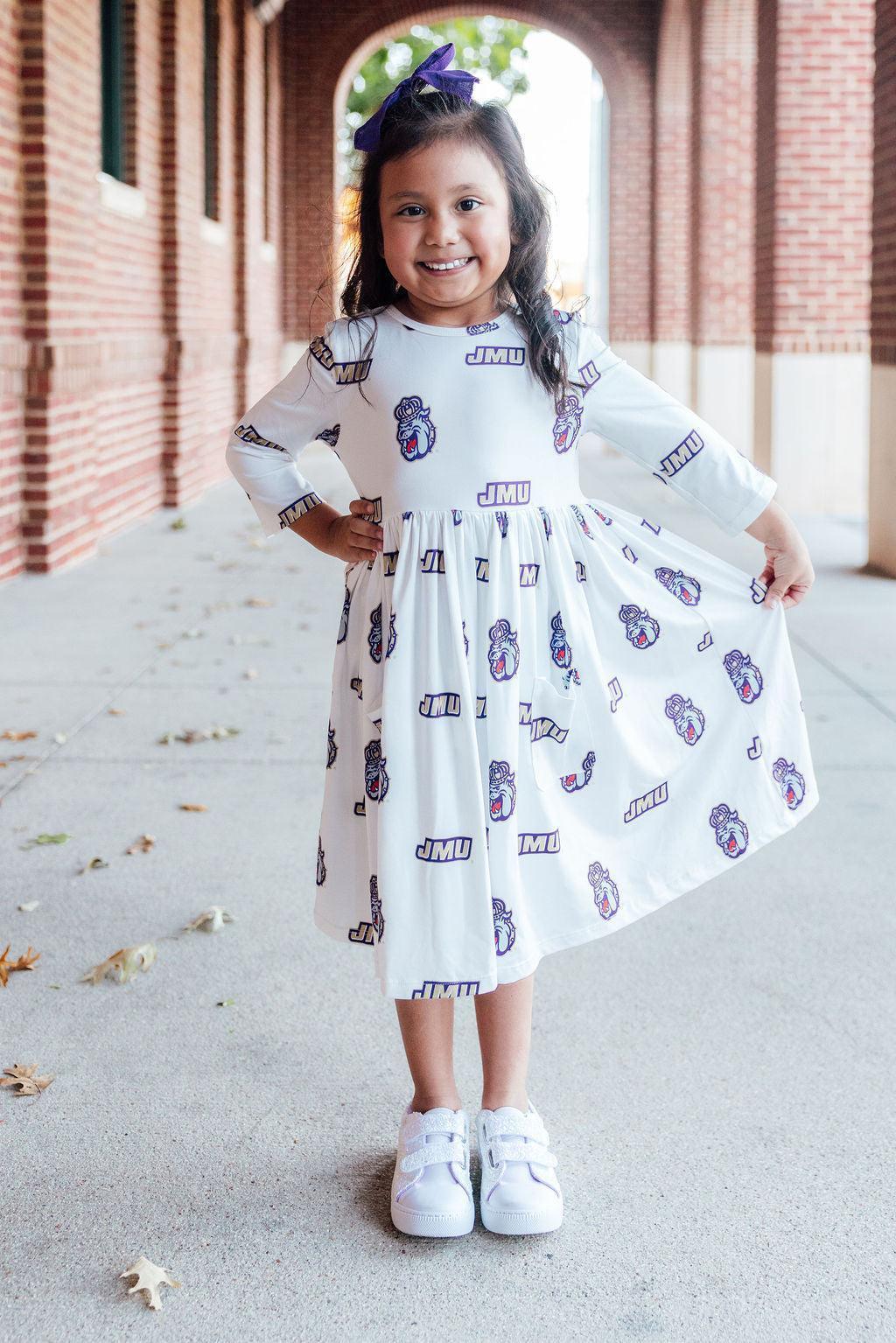 JMU White Duke Dog 3/4 Sleeve Pocket Twirl Dress - Mila & Rose ® - Flyclothing LLC