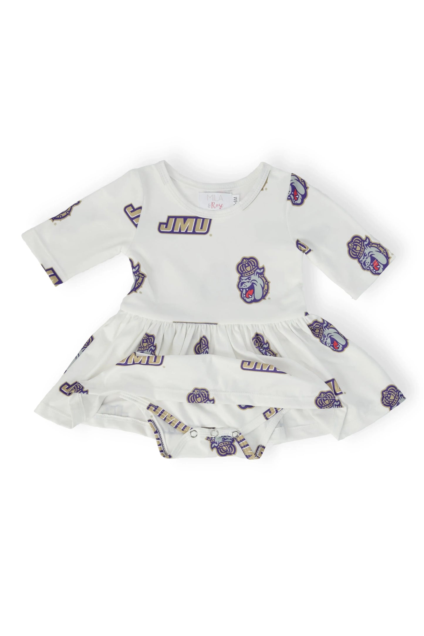 JMU White Duke Dog 3/4 Sleeve Twirl Bodysuit - Mila & Rose ® - Flyclothing LLC