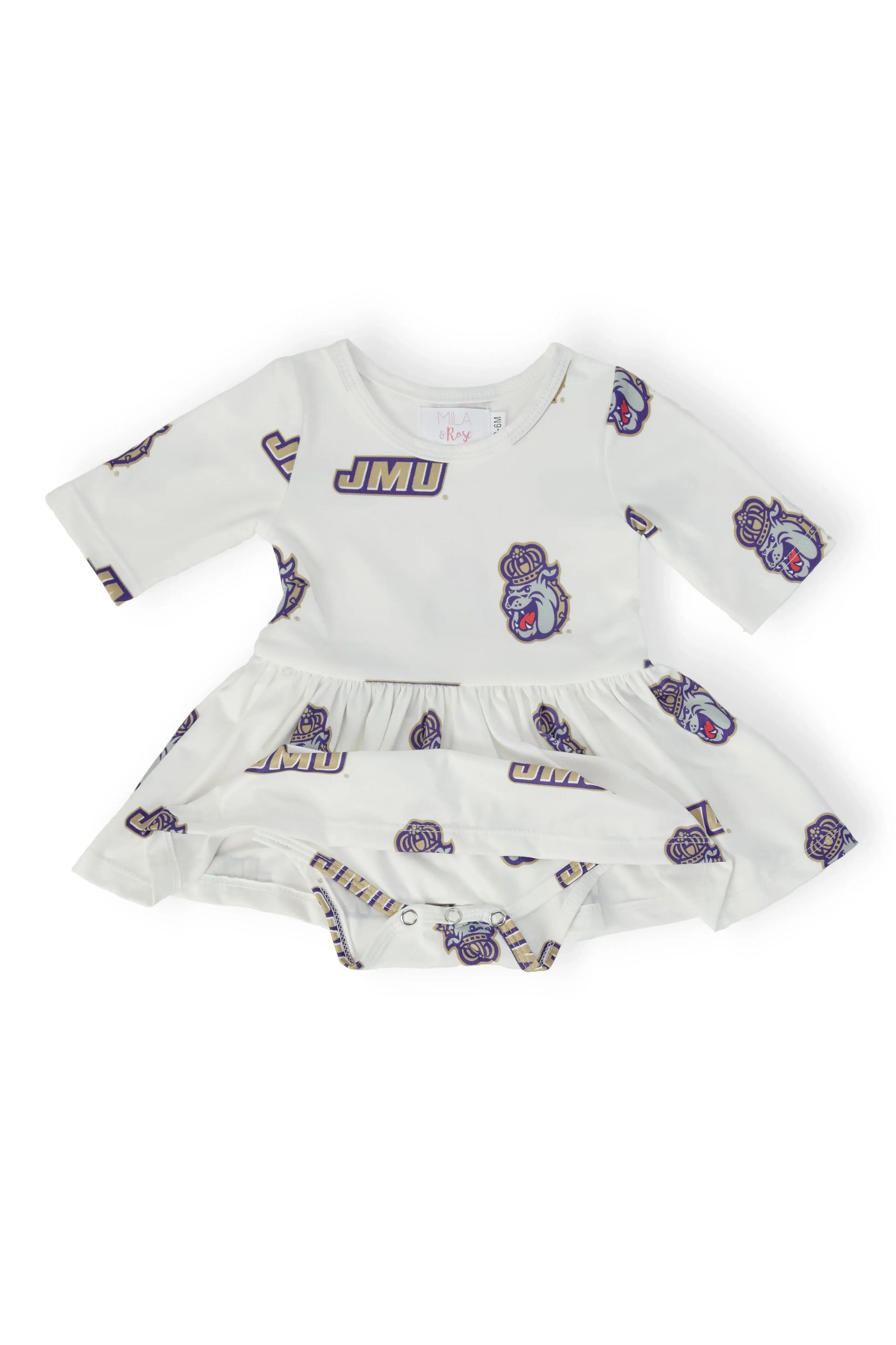 JMU White Duke Dog 3/4 Sleeve Twirl Bodysuit - Mila & Rose ® - Flyclothing LLC