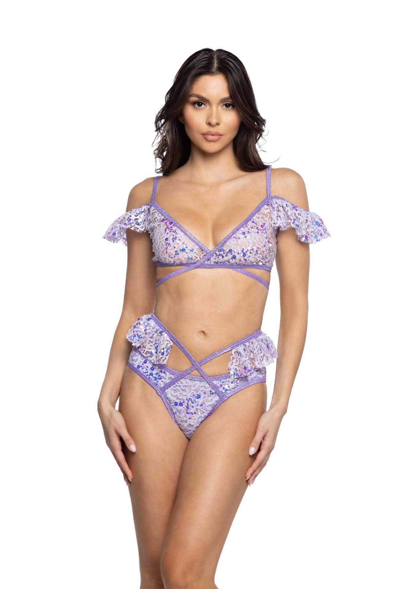 J-Valentine JR128 - Sequin Lace Ruffle Wrap Top - J. Valentine - Flyclothing LLC