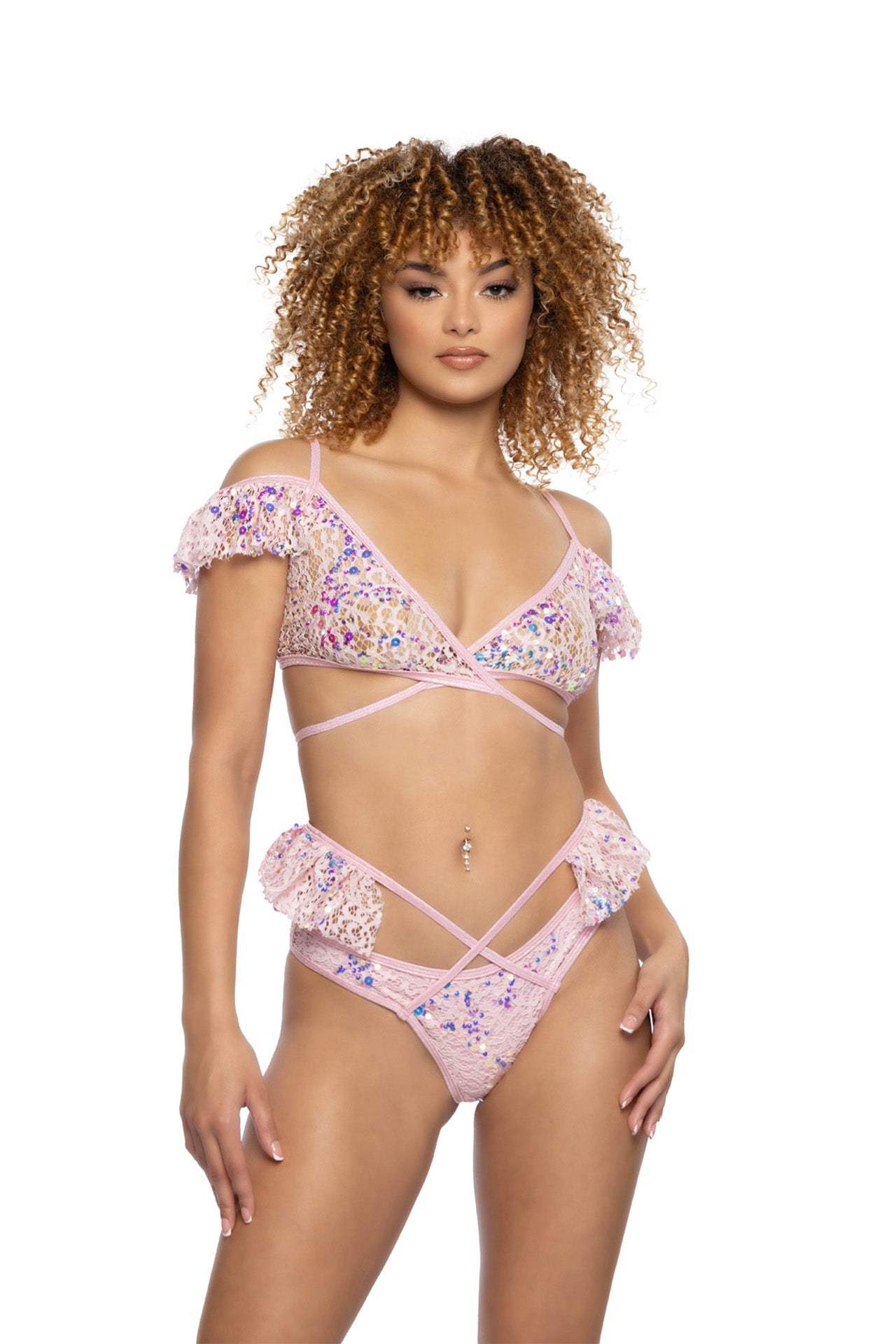 J-Valentine JR128 - Sequin Lace Ruffle Wrap Top - J. Valentine - Flyclothing LLC