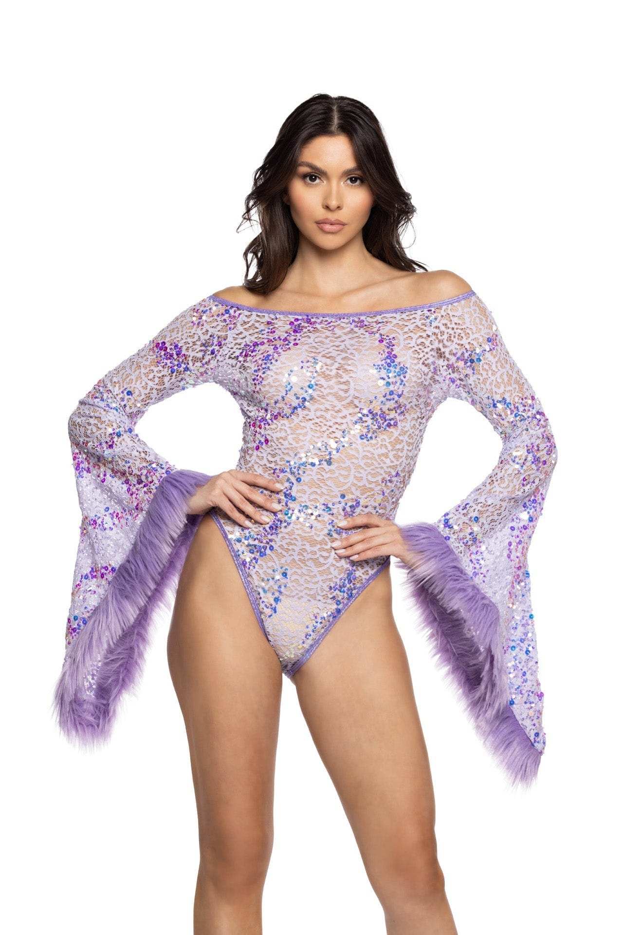 J-Valentine JR130 - Faux Fur Trimmed Flair Sleeve Bodysuit - J. Valentine - Flyclothing LLC