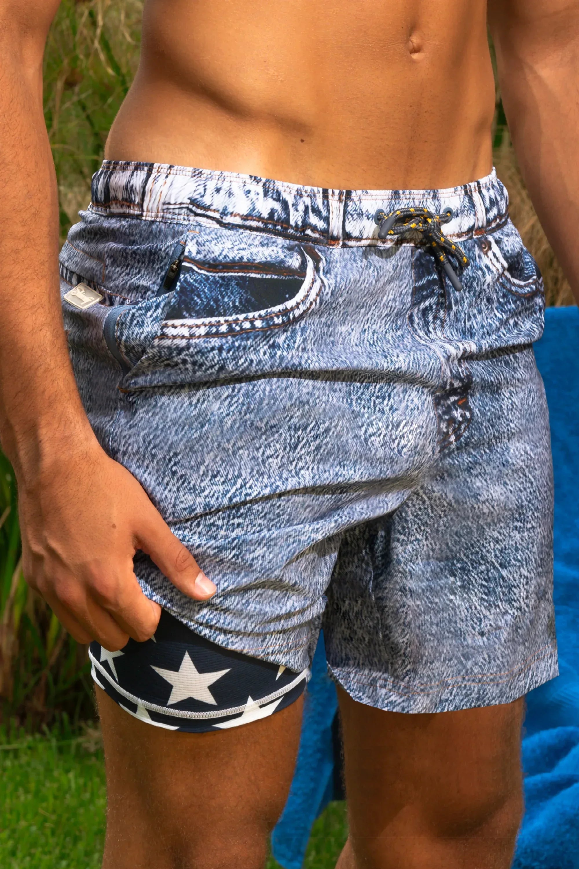 The Jacksonville Jort | Denim USA Ball Hammock® Pouch 8" Swim Trunks - Shinesty - Flyclothing LLC