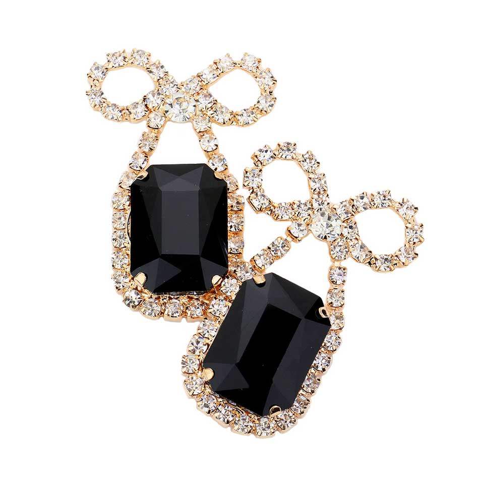 Rhinestone Bow Emerald Cut Stone Evening Earrings - Madeline Love - Flyclothing LLC