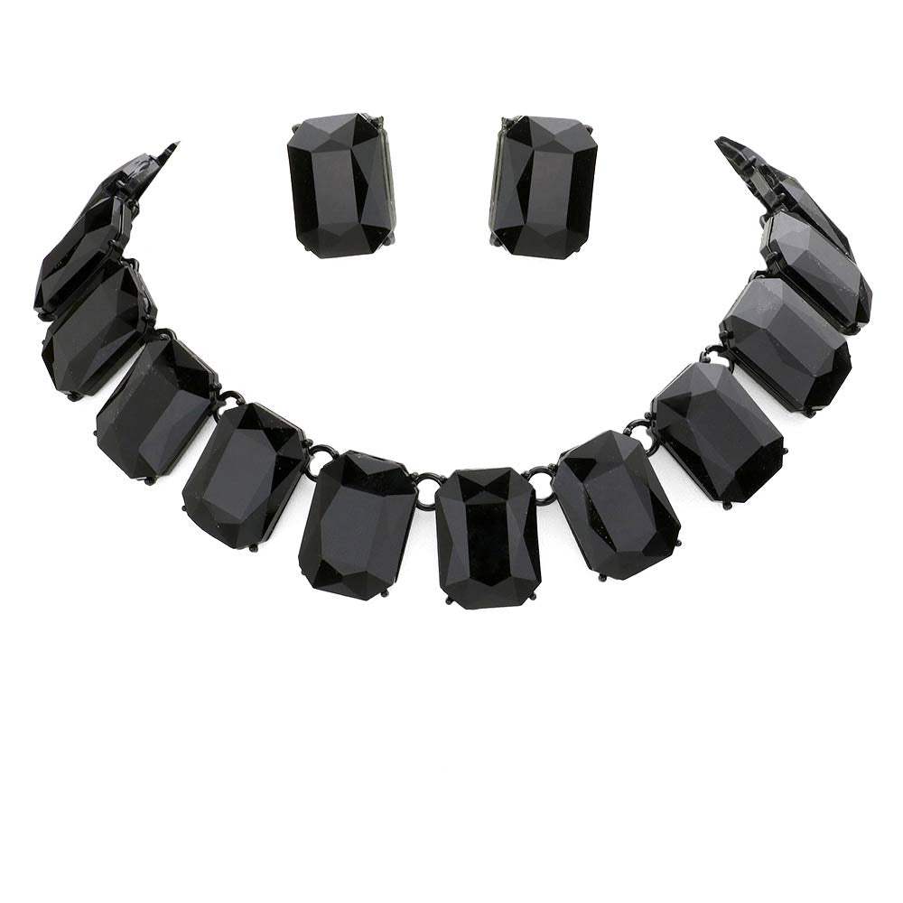 Emerald Cut Stone Link Evening Necklace Earring Set - Madeline Love - Flyclothing LLC