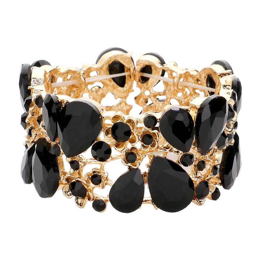 Glass Crystal Teardrop Floral Stretch Evening Bracelet - Madeline Love - Flyclothing LLC