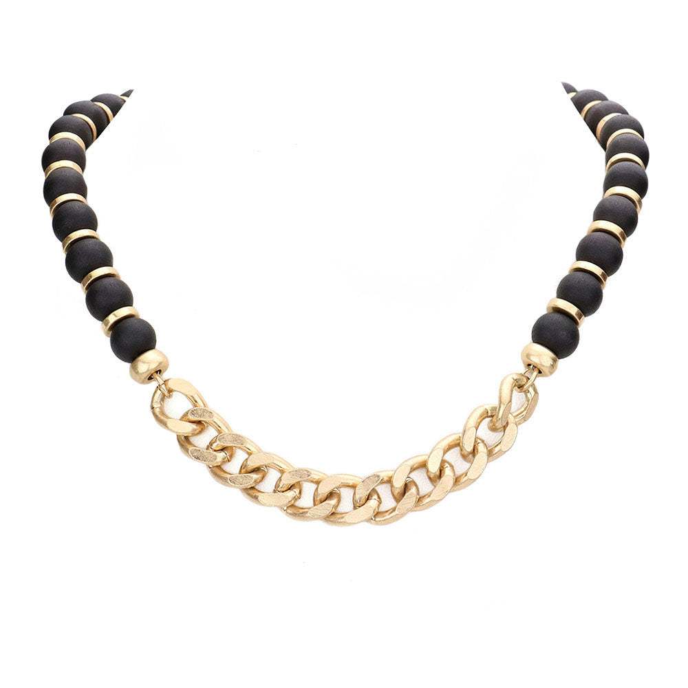 Metal Chain Link Accented Wood Necklace - Madeline Love - Flyclothing LLC