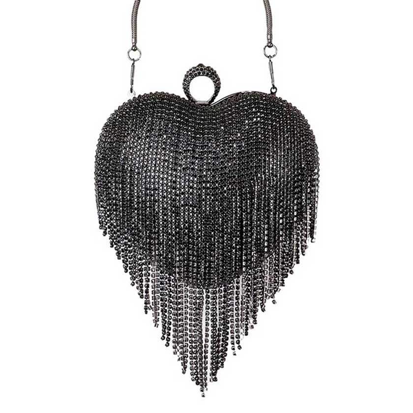 Rhinestone Fringe Heart Evening Tote Clutch Crossbody Bag - Madeline Love - Flyclothing LLC