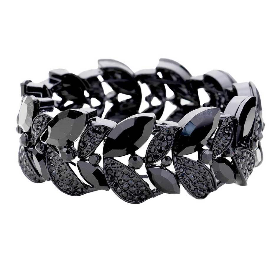 Rhinestone Pave Marquise Stone Leaf Stretch Evening Bracelet - Madeline Love - Flyclothing LLC