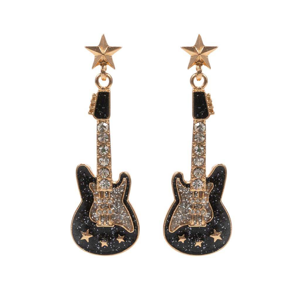Stone Embellished Glittered Enamel Guitar Dangle Earrings - Madeline Love - Flyclothing LLC