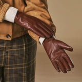 Julietta (brown) - Lambskin leather gloves with plush rabbit fur lining and touchscreen feature