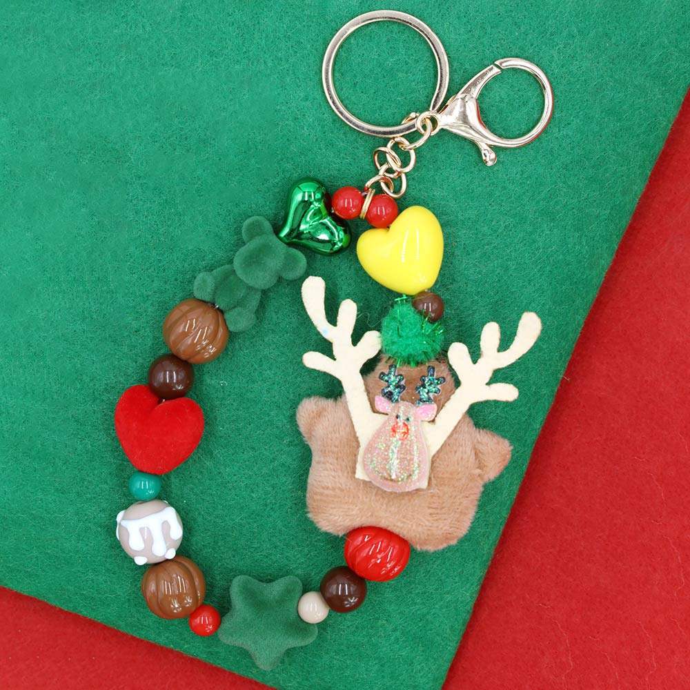 Rudolph Plush Doll Pointed Charm Beaded Stretch Christmas Keychain - Madeline Love - Flyclothing LLC