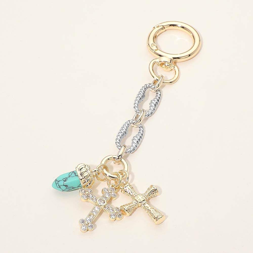 14K Gold Plated Two Tone CZ Stone Paved Double Cross Stone Charm Drop Bag Charm Keychain - Madeline Love - Flyclothing LLC