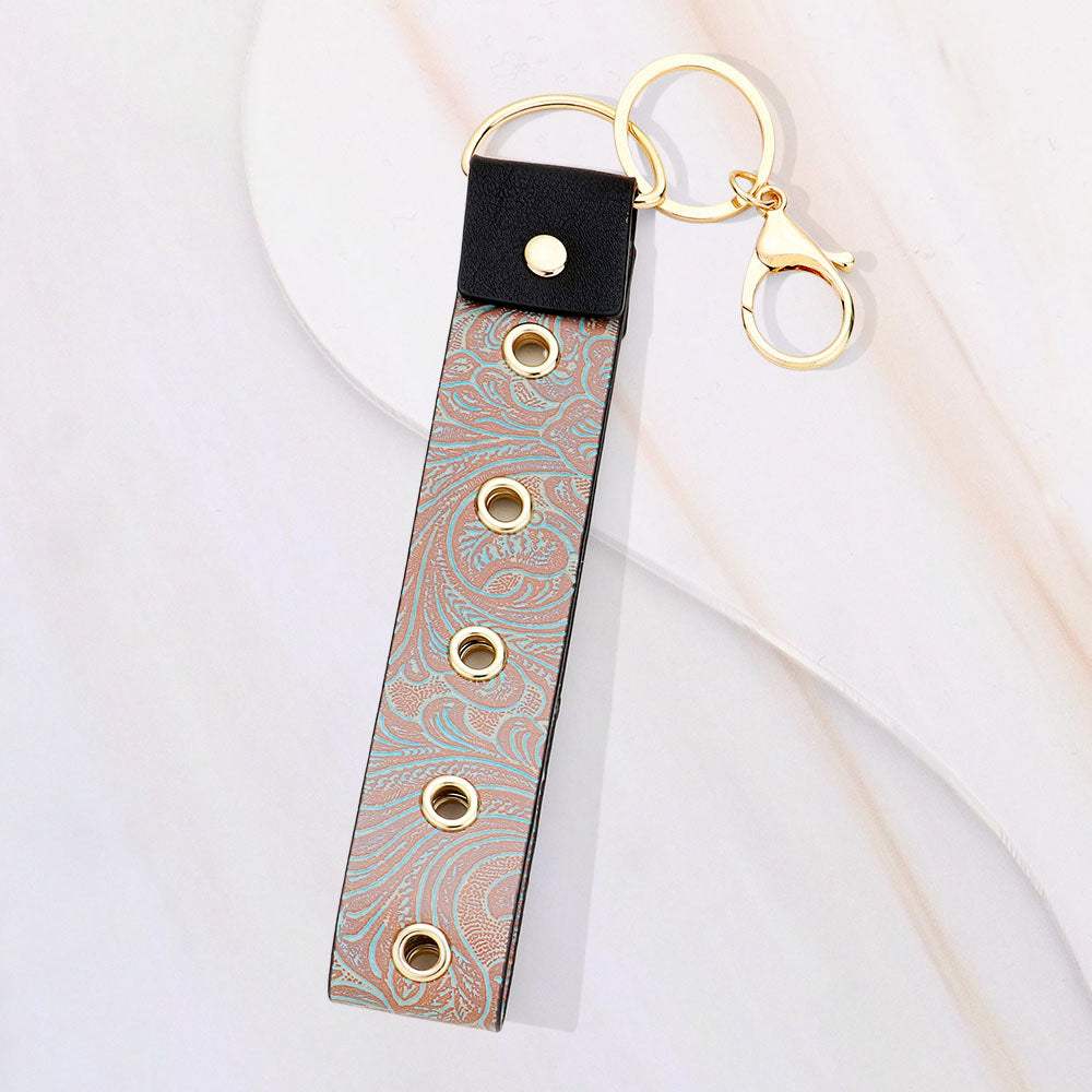 Floral Leaf Pattern Faux Leather Keychain Bag Charm - Madeline Love - Flyclothing LLC