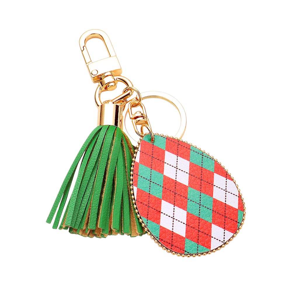 Argyle Check Print Faux Leather Teardrop Tassel Keychain / Bag Charm - Madeline Love - Flyclothing LLC