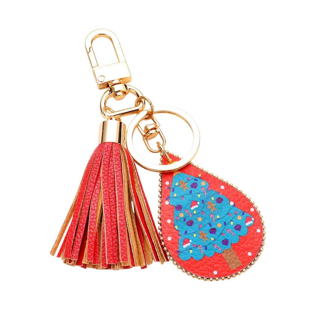 Christmas Tree Print Faux Leather Teardrop Tassel Keychain / Bag Charm - Madeline Love - Flyclothing LLC