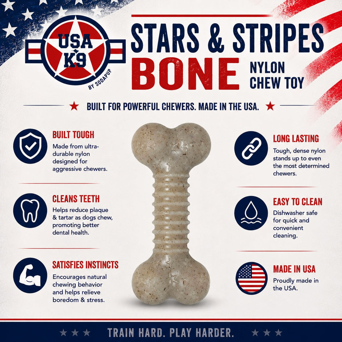 USA-K9 Stars and Stripes Bone Nylon Dog Chew Toy for Aggressive Chewers | USA Made - SodaPup/True Dogs, LLC - Flyclothing LLC