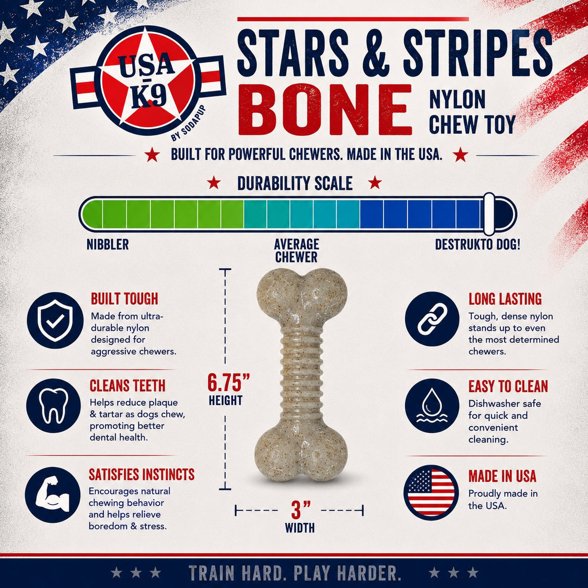 USA-K9 Stars and Stripes Bone Nylon Dog Chew Toy for Aggressive Chewers | USA Made - SodaPup/True Dogs, LLC - Flyclothing LLC