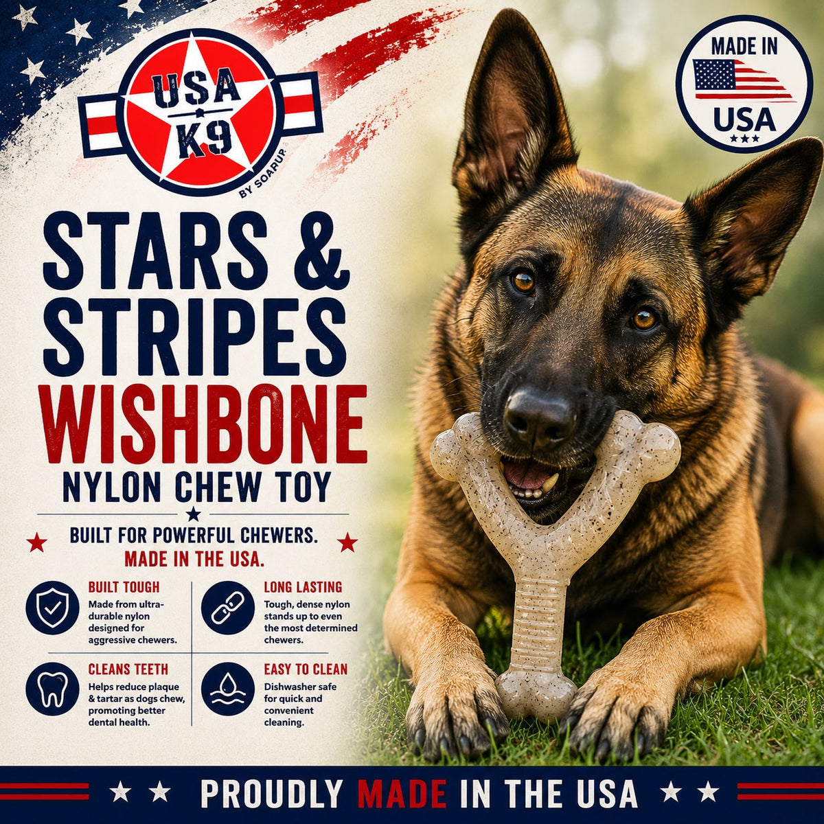 USA-K9 Stars and Stripes Wishbone Nylon Dog Chew Toy for Aggressive Chewers | USA Made - SodaPup/True Dogs, LLC - Flyclothing LLC