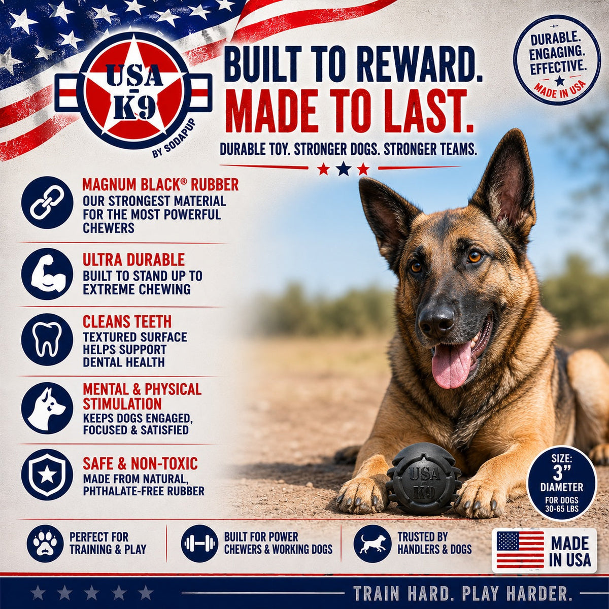 USA-K9 Stars and Stripes Rubber Dog Toy | K9 Handler Reward Toy | Black | USA Made - SodaPup/True Dogs, LLC - Flyclothing LLC