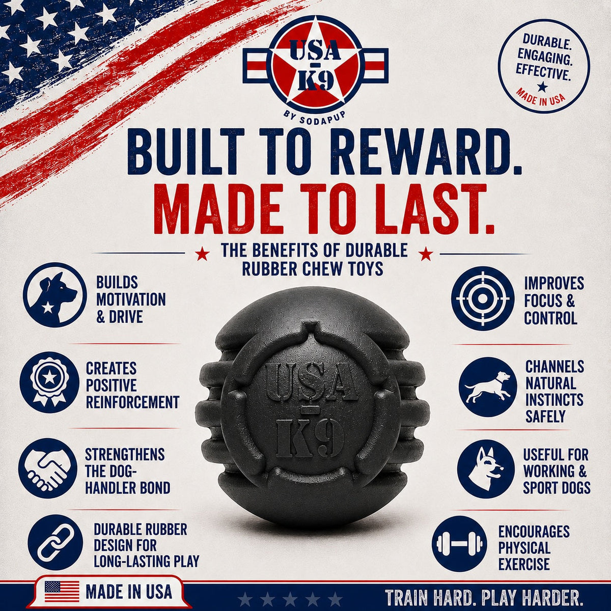USA-K9 Stars and Stripes Rubber Dog Toy | K9 Handler Reward Toy | Black | USA Made - SodaPup/True Dogs, LLC - Flyclothing LLC