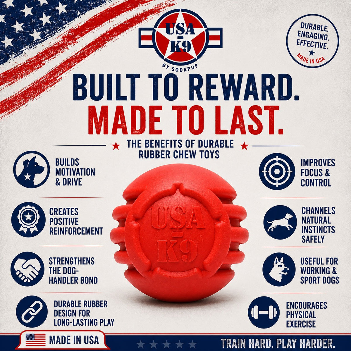 USA-K9 Stars and Stripes Rubber Dog Toy | K9 Handler Reward Toy | Red | USA Made - SodaPup/True Dogs, LLC - Flyclothing LLC