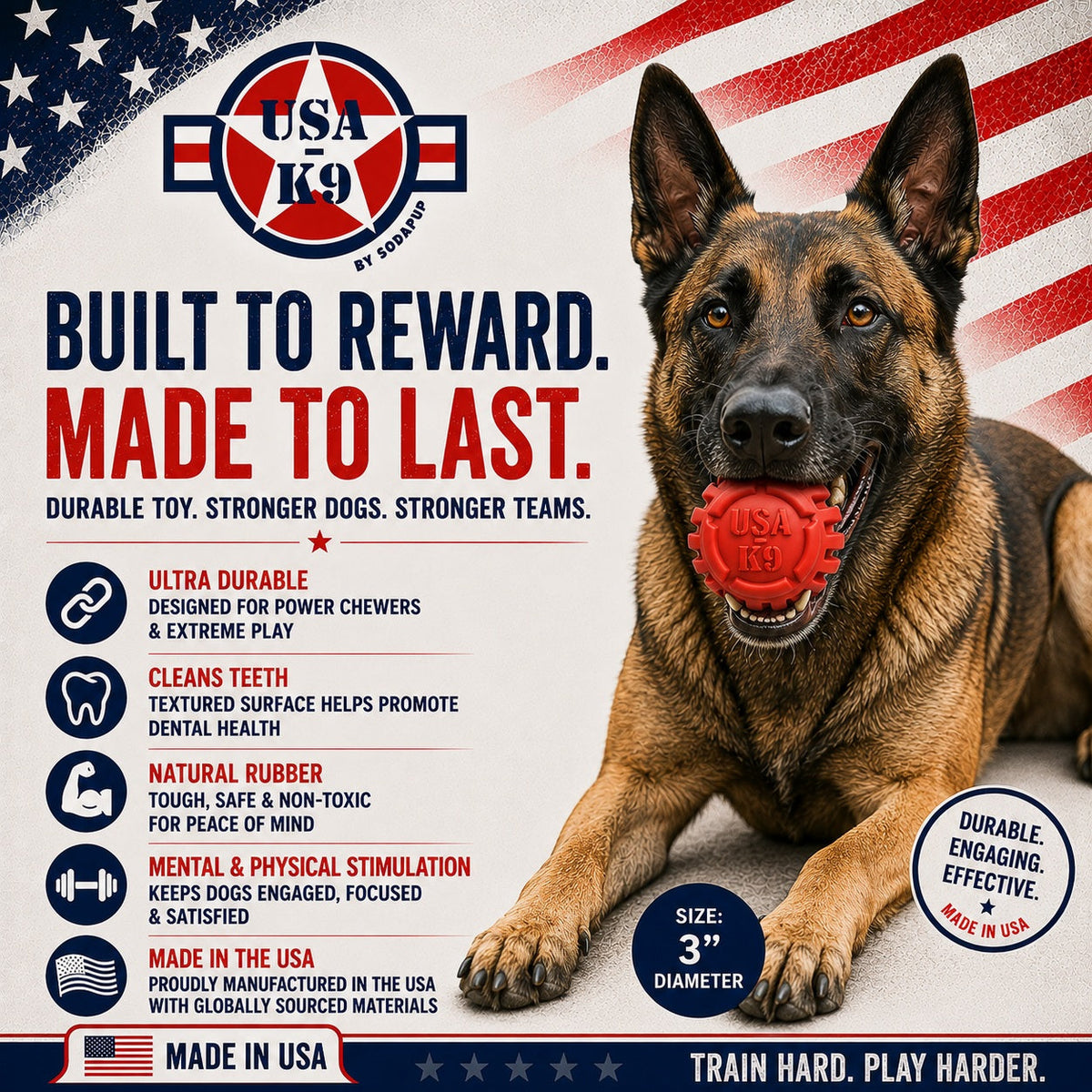 USA-K9 Stars and Stripes Rubber Dog Toy | K9 Handler Reward Toy | Red | USA Made - SodaPup/True Dogs, LLC - Flyclothing LLC