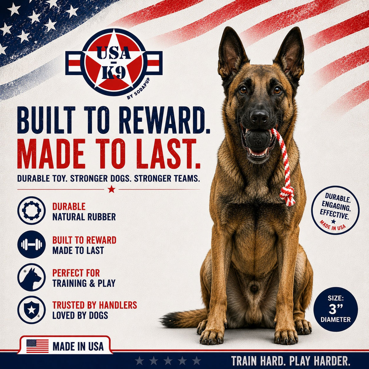 USA-K9 Magnum Stars and Stripes Rubber Dog Toy | K9 Handler Reward Toy | USA Made - SodaPup/True Dogs, LLC - Flyclothing LLC