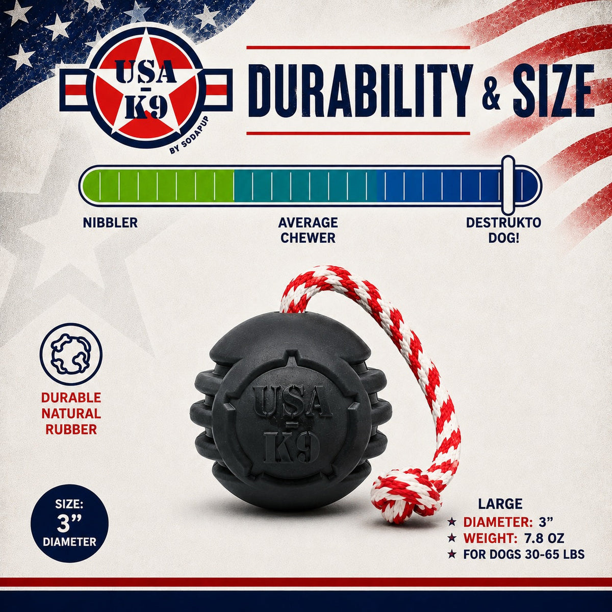 USA-K9 Magnum Stars and Stripes Rubber Dog Toy | K9 Handler Reward Toy | USA Made - SodaPup/True Dogs, LLC - Flyclothing LLC