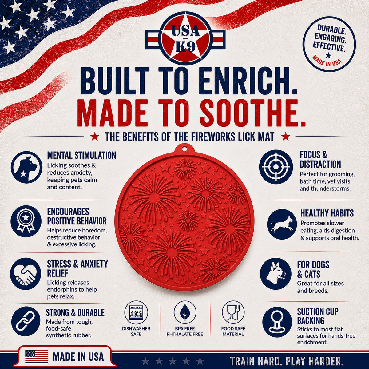 USA-K9 Fireworks Design eMat - Enrichment Lick Mat For Dogs and Cats - with Suction Cups | USA Made - SodaPup/True Dogs, LLC - Flyclothing LLC