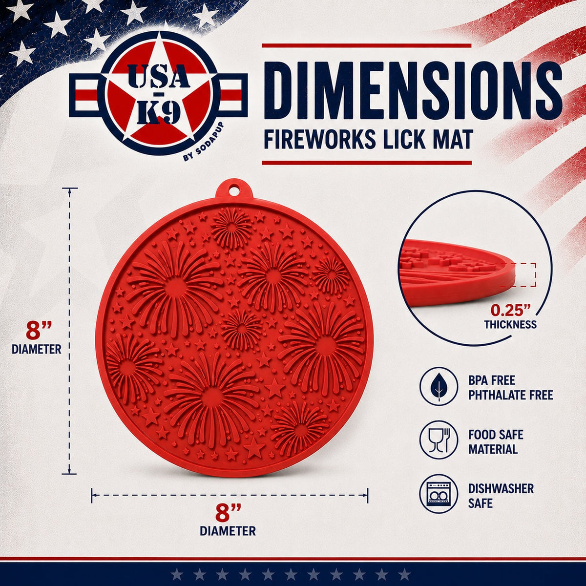 USA-K9 Fireworks Design eMat - Enrichment Lick Mat For Dogs and Cats - with Suction Cups | USA Made - SodaPup/True Dogs, LLC - Flyclothing LLC