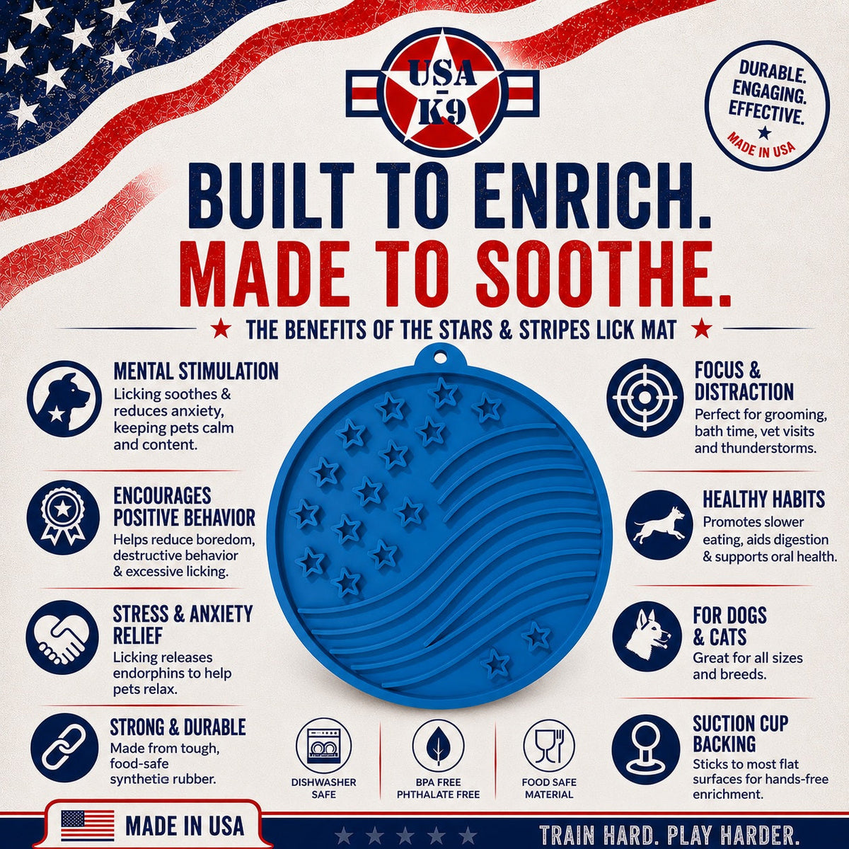 USA-K9 Stars and Stripes Design eMat - Enrichment Lick Mat For Dogs and Cats - with Suction Cups | USA Made - SodaPup/True Dogs, LLC - Flyclothing LLC