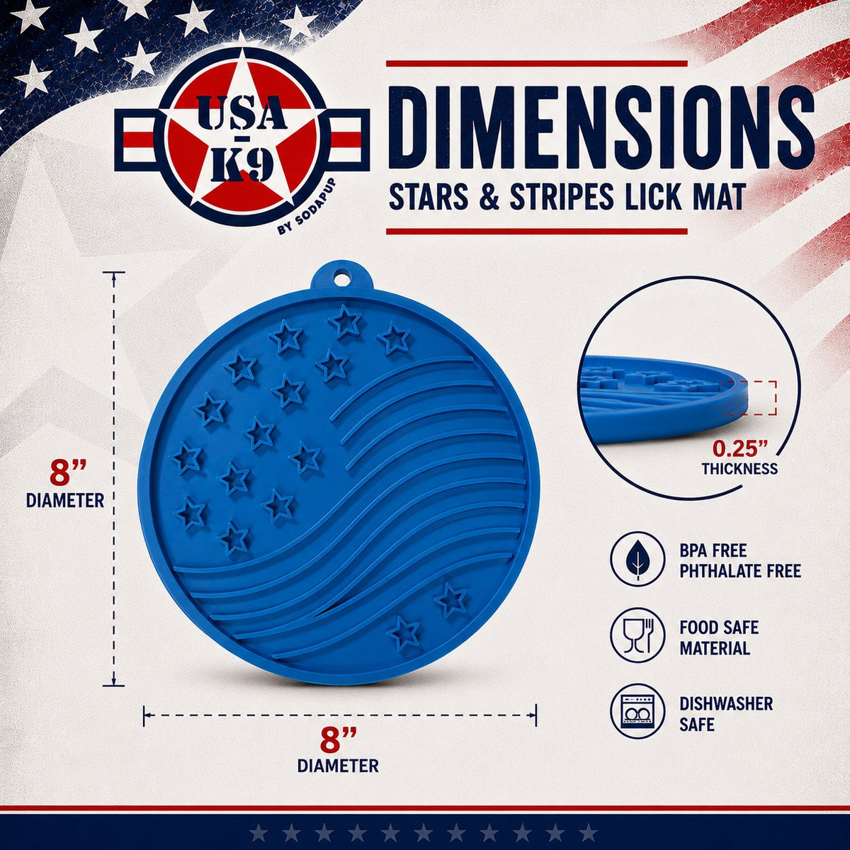 USA-K9 Stars and Stripes Design eMat - Enrichment Lick Mat For Dogs and Cats - with Suction Cups | USA Made - SodaPup/True Dogs, LLC - Flyclothing LLC