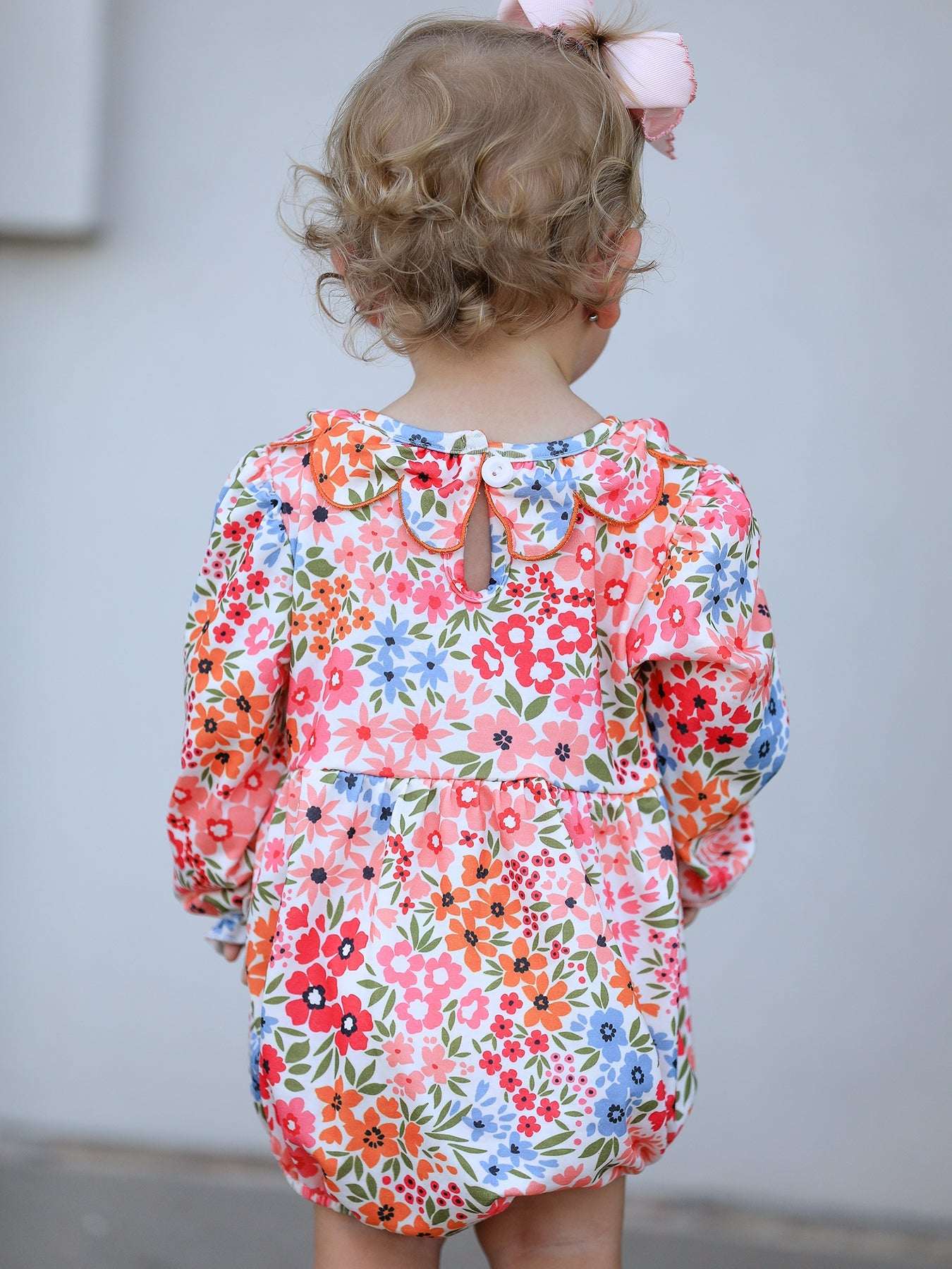 Fall Halloween & Thanksgiving Pumpkin Bow Smock Embroidered Floral Baby Girl Romper