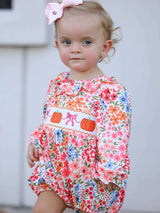Fall Halloween & Thanksgiving Pumpkin Bow Smock Embroidered Floral Baby Girl Romper