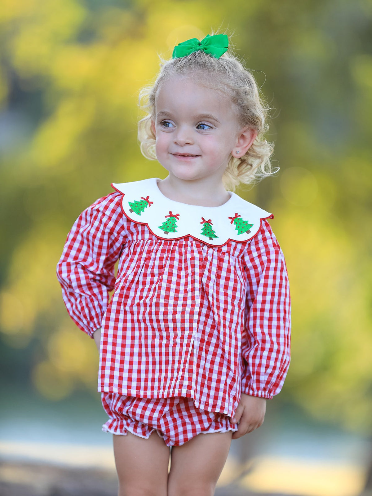Christmas Tree Embroidery Red Gingham Long Sleeve Baby Girl Bloomers Set - Rylee Faith Designs - Flyclothing LLC