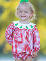 Christmas Tree Embroidery Red Gingham Long Sleeve Baby Girl Bloomers Set - Rylee Faith Designs - Flyclothing LLC