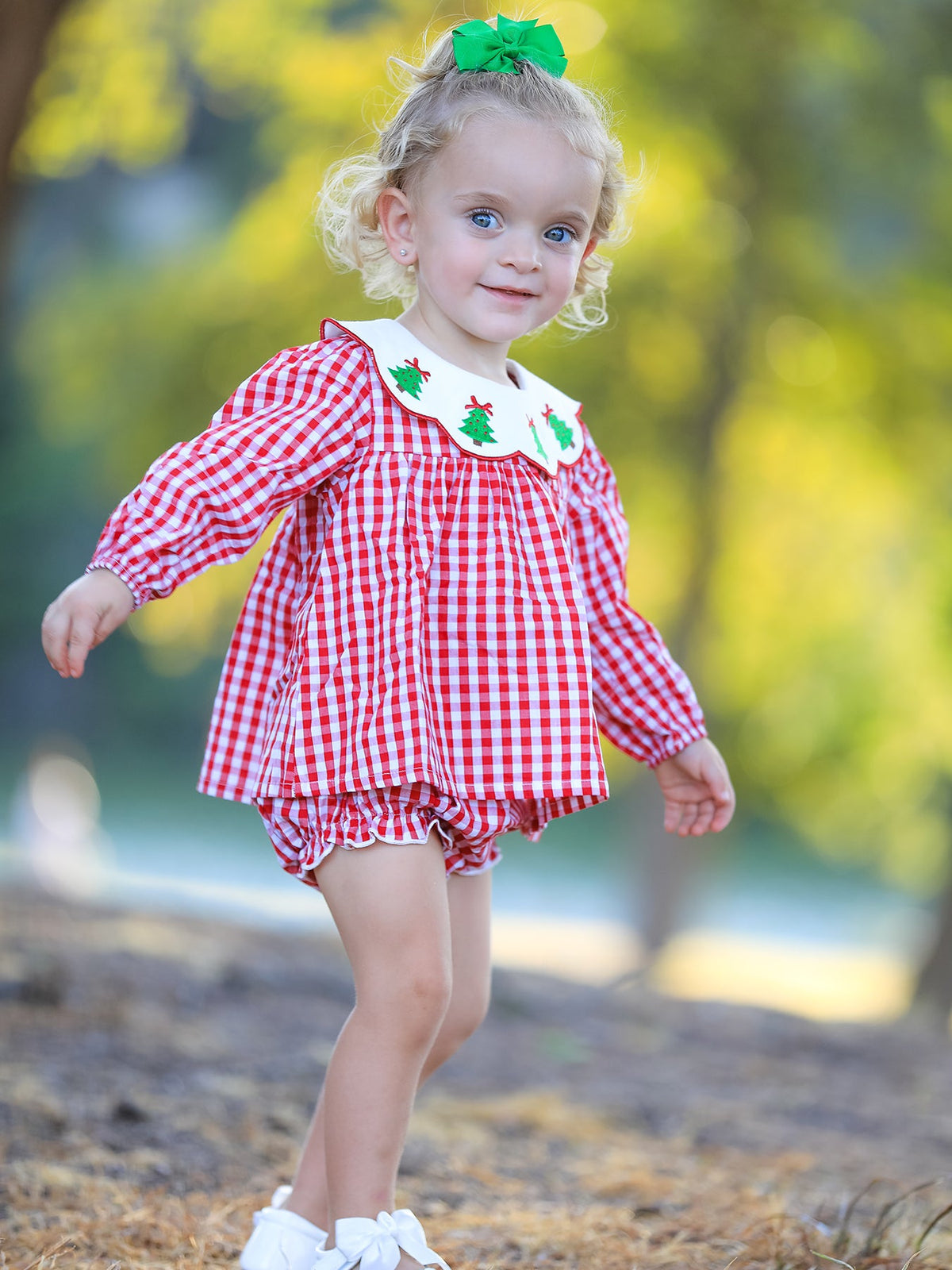 Christmas Tree Embroidery Red Gingham Long Sleeve Baby Girl Bloomers Set - Rylee Faith Designs - Flyclothing LLC
