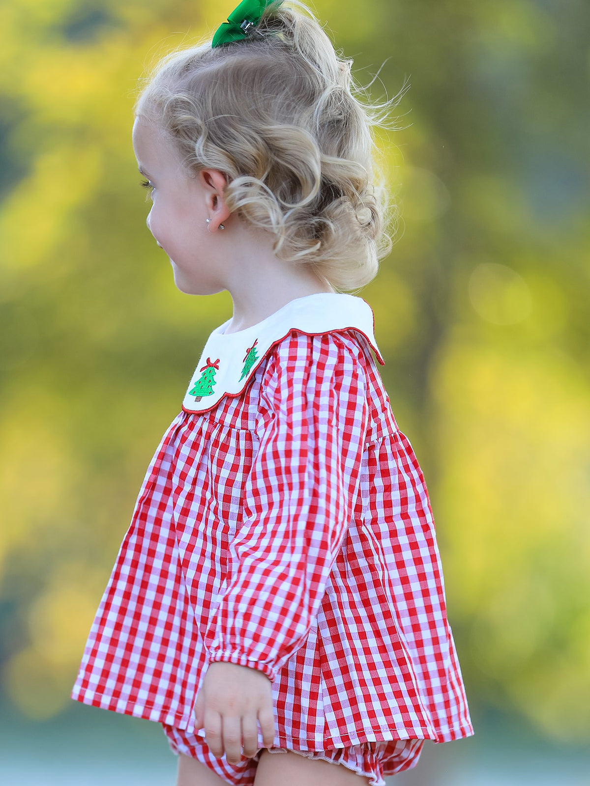 Christmas Tree Embroidery Red Gingham Long Sleeve Baby Girl Bloomers Set - Rylee Faith Designs - Flyclothing LLC
