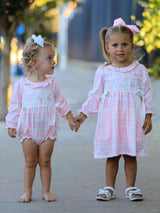 Fall Pink Plaid Ruffle Ballet Shoe Embroidery Long Sleeve Romper - Rylee Faith Designs - Flyclothing LLC
