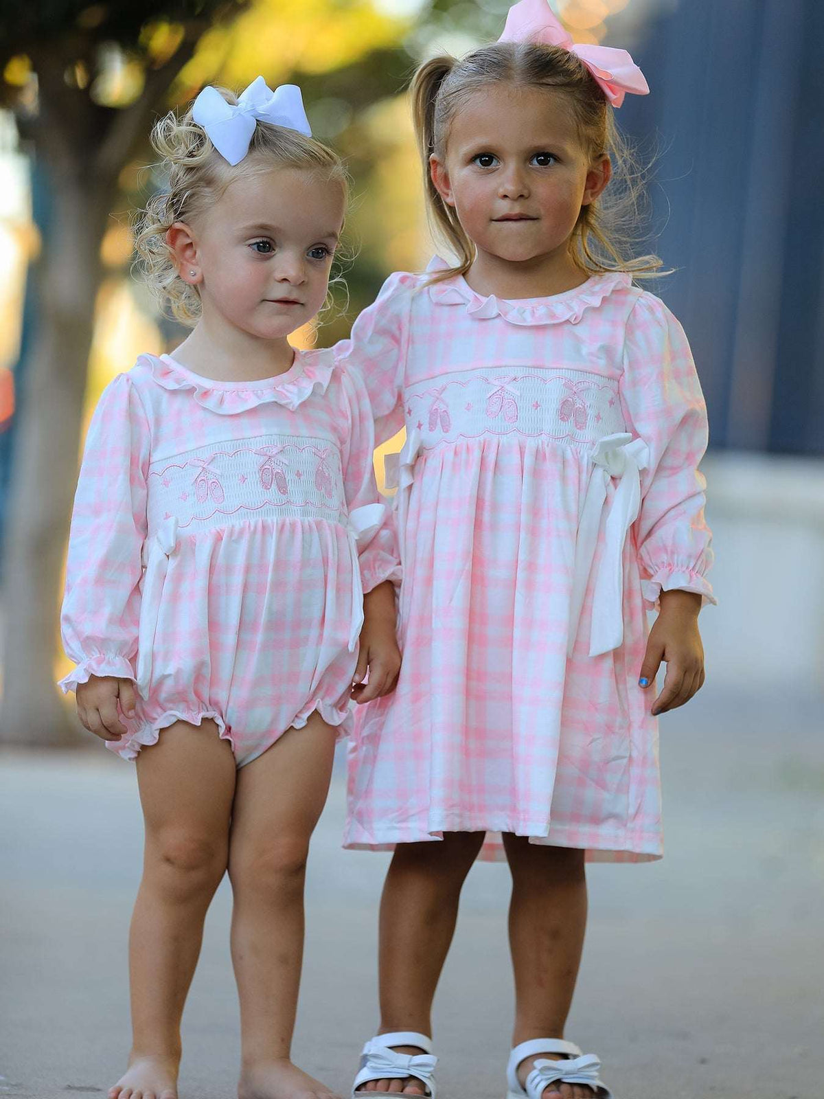 Fall Pink Plaid Ruffle Ballet Shoe Embroidery Long Sleeve Romper - Rylee Faith Designs - Flyclothing LLC