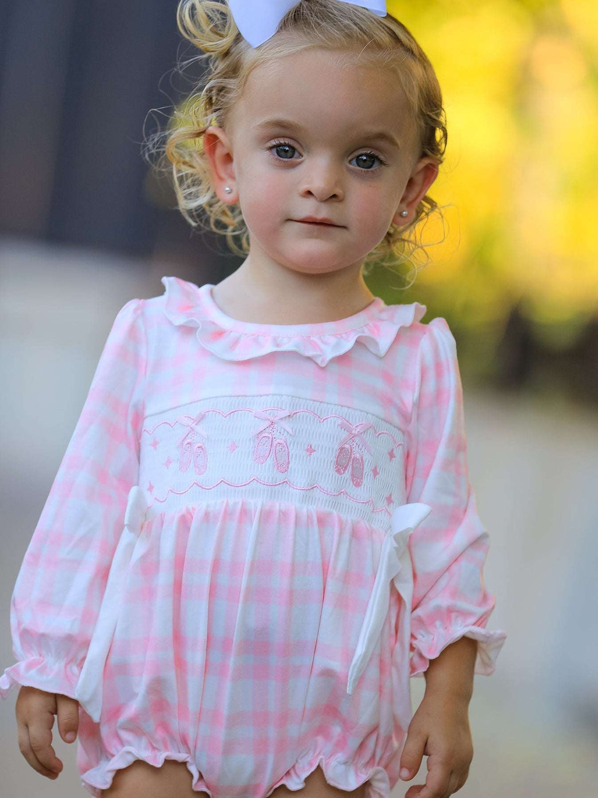 Fall Pink Plaid Ruffle Ballet Shoe Embroidery Long Sleeve Romper - Rylee Faith Designs - Flyclothing LLC