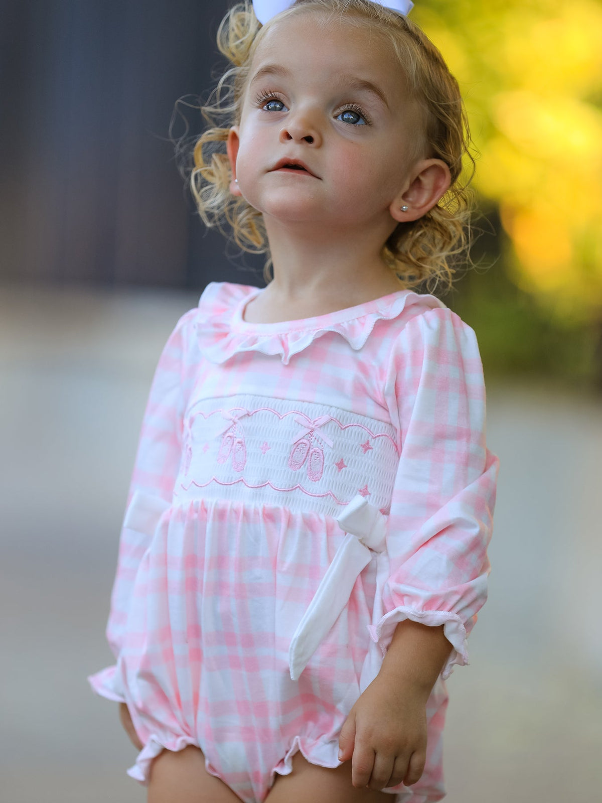 Fall Pink Plaid Ruffle Ballet Shoe Embroidery Long Sleeve Romper - Rylee Faith Designs - Flyclothing LLC